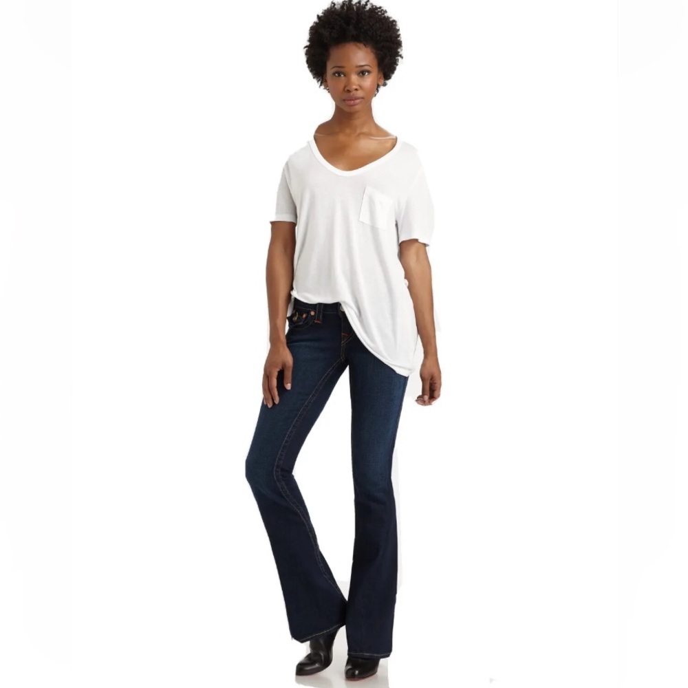 TRUE RELIGION "JOEY LOW-RISE FLARE" Stretch Jeans In "DARKEST INDIGO"